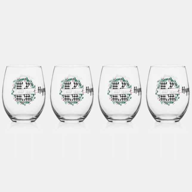 Personalized Black And White Buffalo Plaid (K) Stemless Wine Glass (Front)