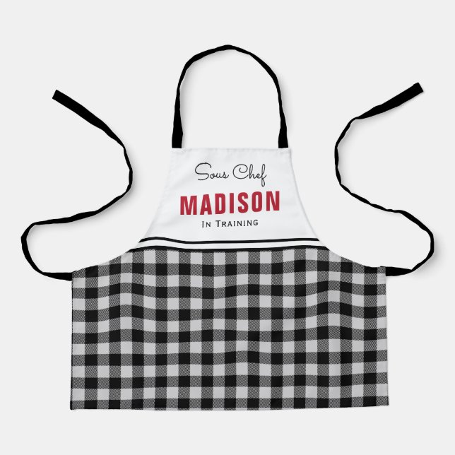 Personalized Black and White Buffalo Plaid Kids Apron (Front)