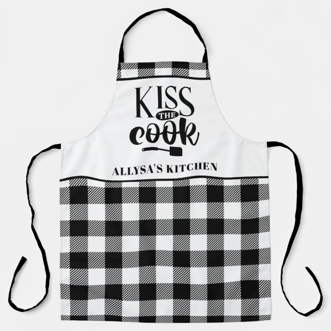 Personalized Black and White Buffalo Plaid Kitchen Apron (Front)