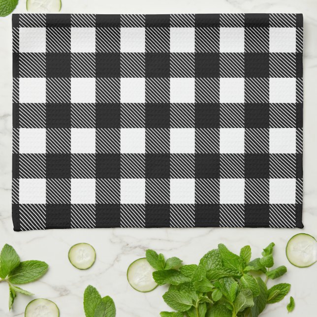 Personalized Black and White Buffalo Plaid Kitchen Kitchen Towel (Folded)