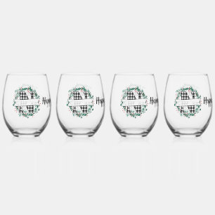 Personalized Black And White Buffalo Plaid (N) Stemless Wine Glass