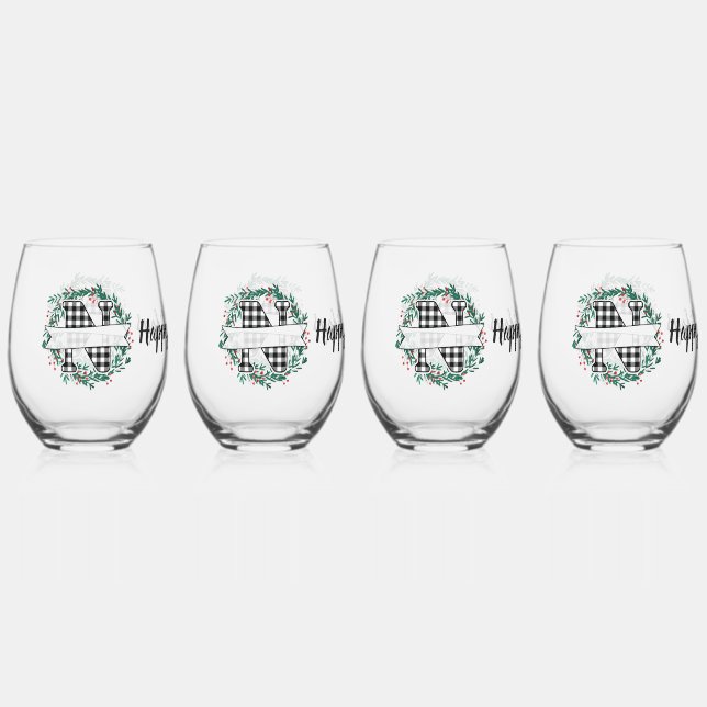 Personalized Black And White Buffalo Plaid (N) Stemless Wine Glass (Front)