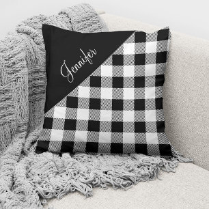 Personalized Black And White Buffalo Plaid Throw Pillow