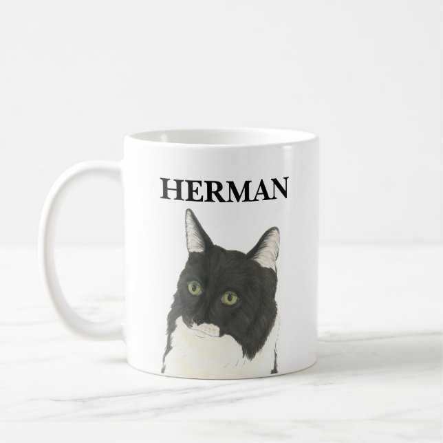 Personalized Black and White Cat Beverage Coaster Coffee Mug (Left)