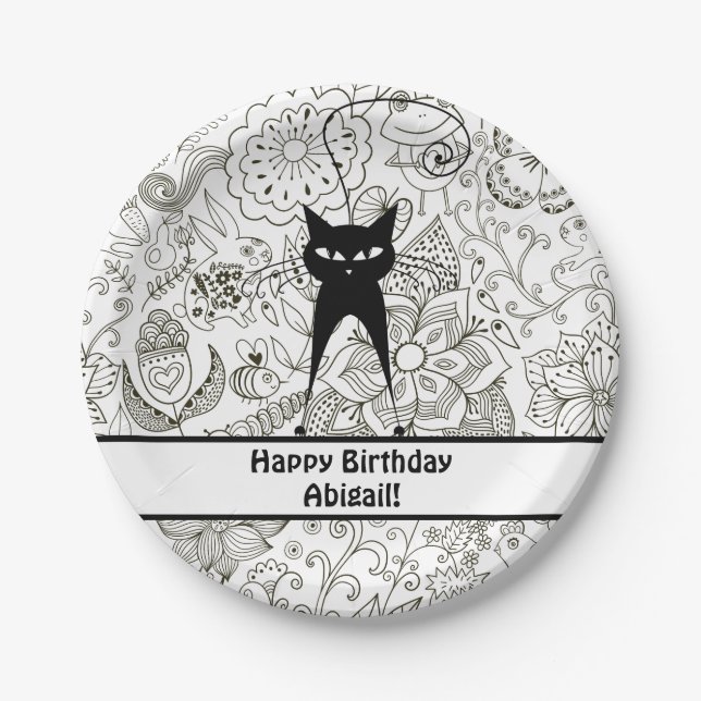 Personalized Black and White Cat Birthday Plates (Front)
