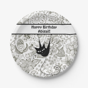 Personalized Black and White Cat Birthday Plates