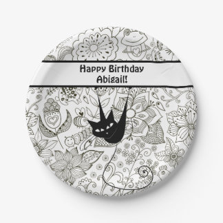 Personalized Black and White Cat Birthday Plates