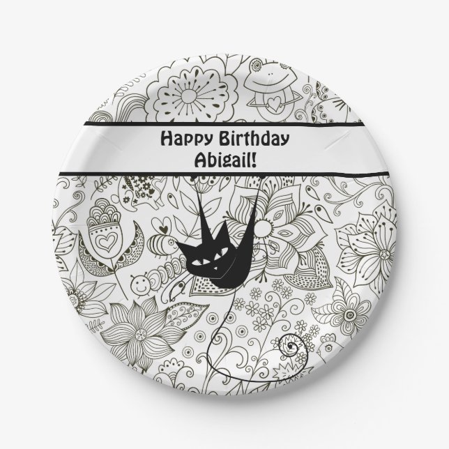 Personalized Black and White Cat Birthday Plates (Front)