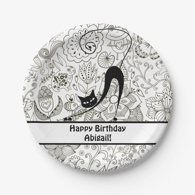 Personalized Black and White Cat Birthday Plates (Front)