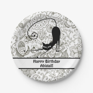 Personalized Black and White Cat Birthday Plates