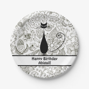Personalized Black and White Cat Happy Birthday Paper Plate