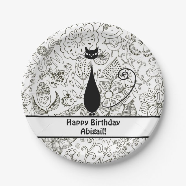 Personalized Black and White Cat Happy Birthday Paper Plate (Front)
