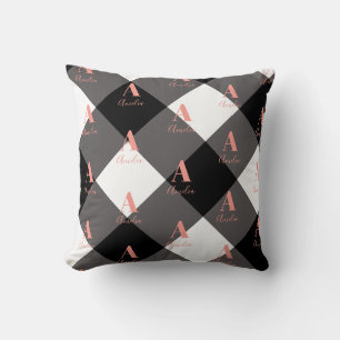 Personalized Black and White Check Throw Pillow
