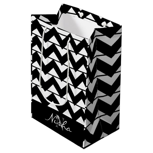 Personalized Black and White Chevron Stripe  Medium Gift Bag (Front Angled)