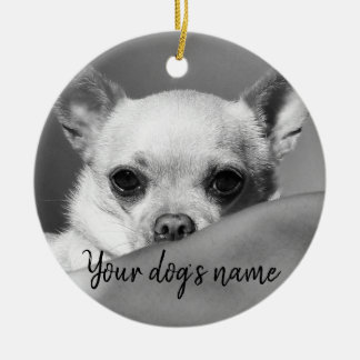Personalized black and white chihuahua ceramic ornament