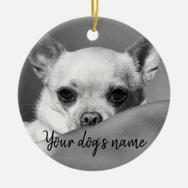 Personalized black and white chihuahua ceramic ornament (Front)