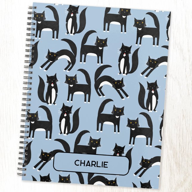 Personalized Black and White Cute Tuxedo Cat Notebook (Personalized name black and white tuxedo pattern notebook with choice of cover and interior paper)