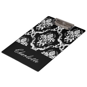 Personalized Black And White Damask Pattern Clipboard