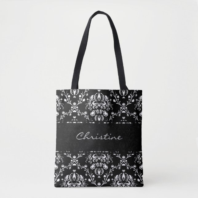 Personalized Black and White Damask Tote Bag (Front)