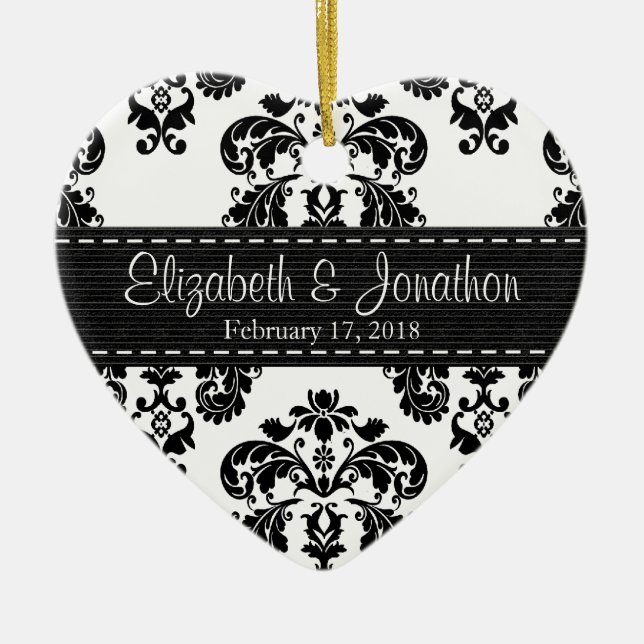 Personalized Black and White Damask Wedding Favour Ceramic Ornament (Front)