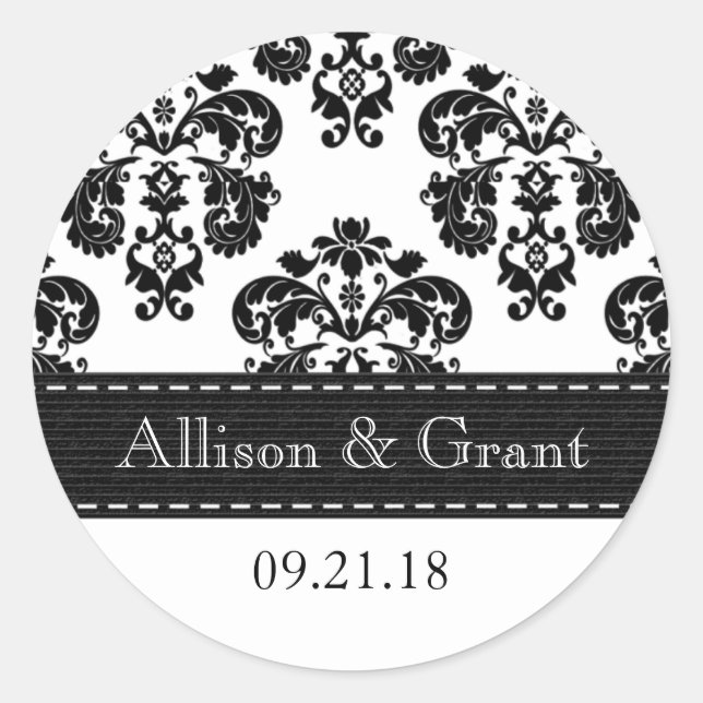 Personalized Black and White Damask Wedding Seals (Front)
