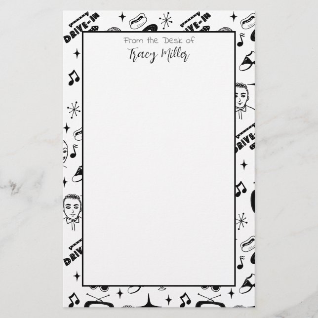 Personalized Black and White Fifties Style Retro   Stationery (Front)