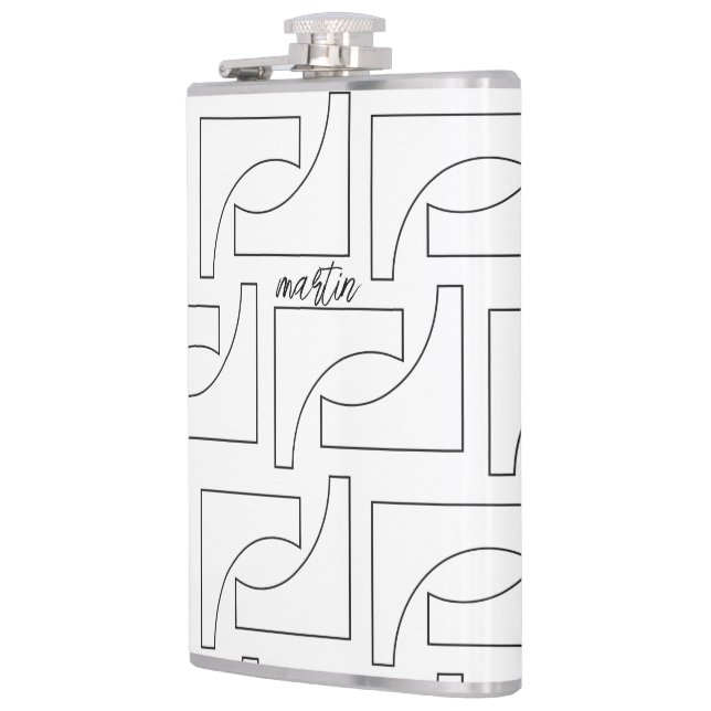 Personalized Black And White Geometric Pattern Hip Flask (Left)