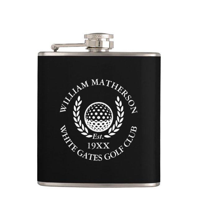 Personalized Black And White Golf Club Name Hip Flask (Front)