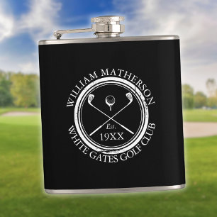 Personalized Black And White Golf Club Name Hip Flask