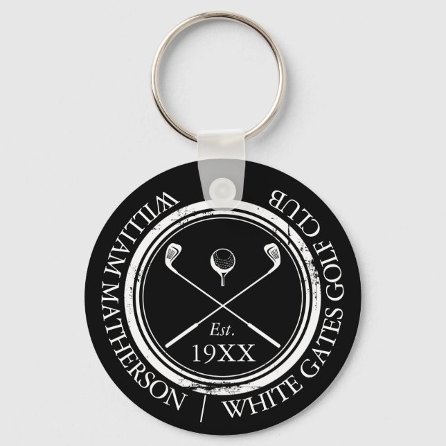 Personalized Black And White Golf Club Name Keychain (Front)