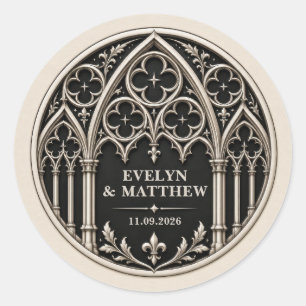 Personalized Black and White Gothic Wedding Classic Round Sticker