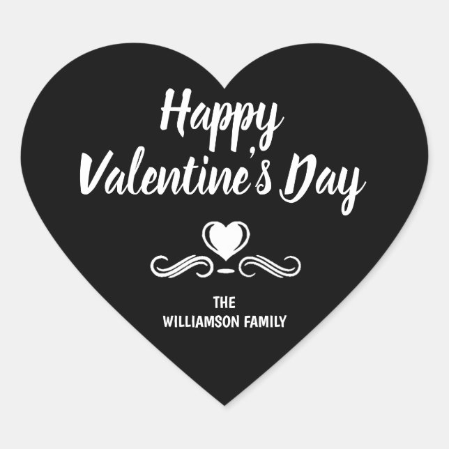Personalized Black and White Happy Valentines Day Heart Sticker (Front)