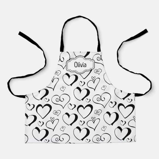Personalized Black and White Hearts Apron (Front)