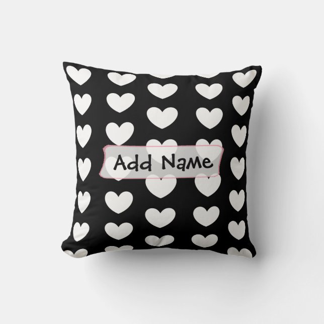 Personalized Black and White Hearts Throw Pillow (Front)
