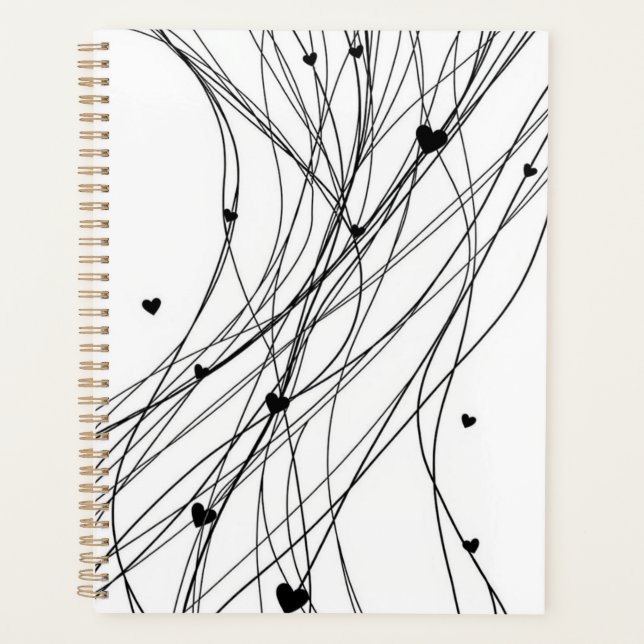 Personalized Black and White Line Drawn Heart Planner (Front)