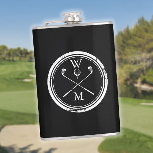 Personalized Black And White Monogram Golf Hip Flask