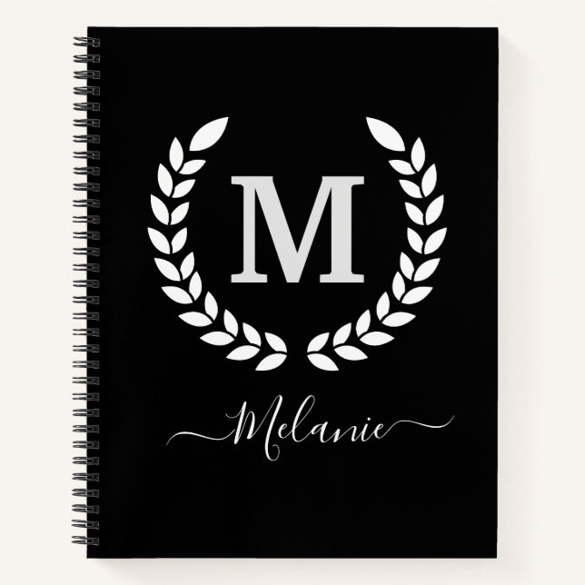 Personalized  Black And White  Monogram Name Notebook (Front)