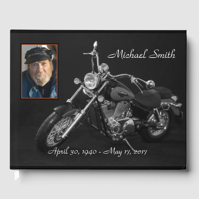 Personalized Black and White Motorcycle Memorial Guest Book (Front)