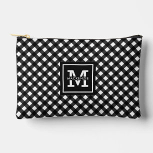 Personalized Black and White Plaid Pattern Accessory Pouch