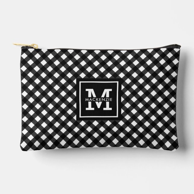 Personalized Black and White Plaid Pattern Accessory Pouch (Front)