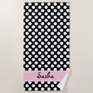 Personalized Black and White Polka Dot Beach Towel