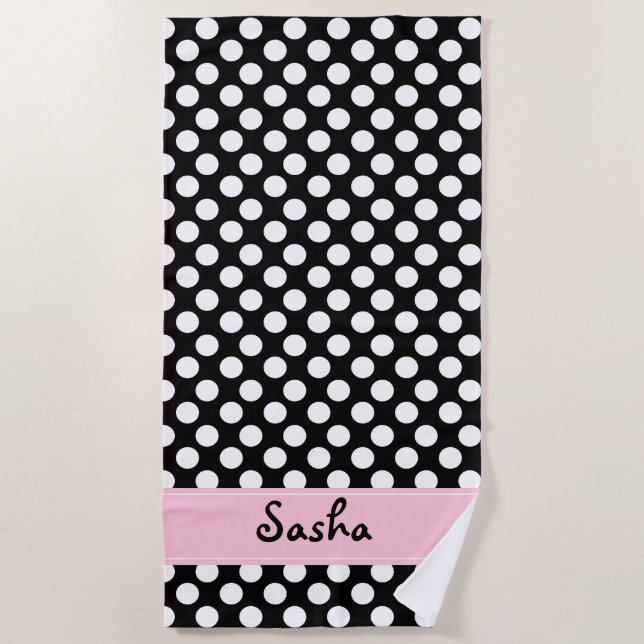 Personalized Black and White Polka Dot Beach Towel (Front)