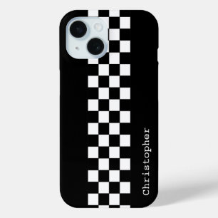 Personalized Black and White Racing Checks iPhone 15 Case