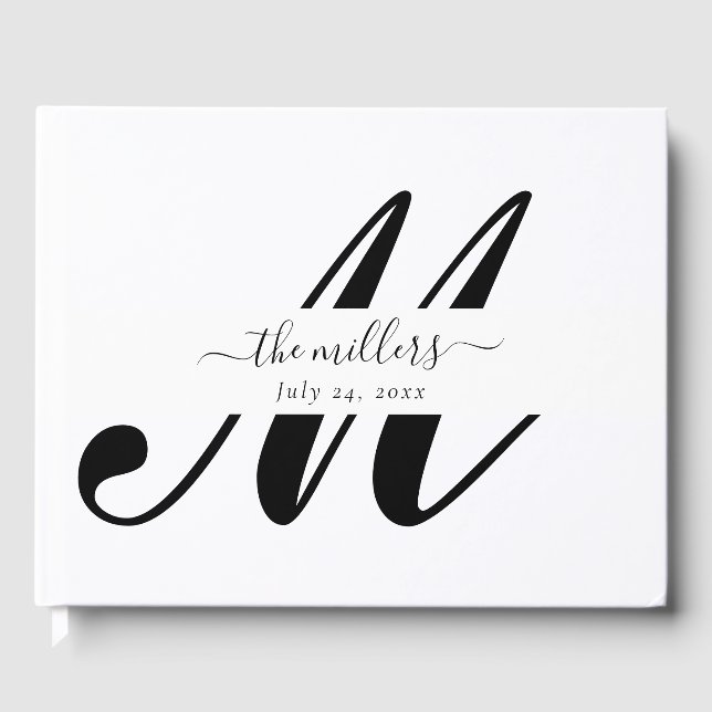 Personalized Black and White Script Monogram Guest Guest Book (Front)