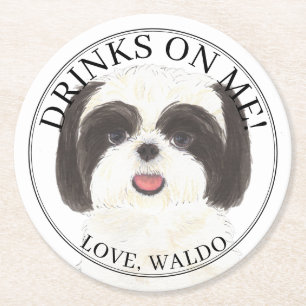 Personalized Black and White Shih Tzu Dog Wedding Round Paper Coaster