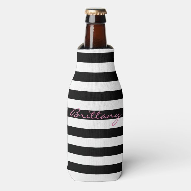Personalized Black and White Striped Bottle Cooler (Bottle Front)