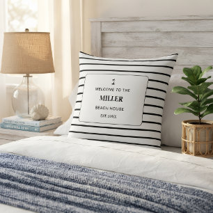 Personalized Black and White Striped Outdoor Throw Pillow