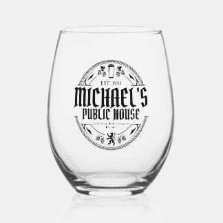 Personalized Black and White Vintage Pub Sign Stemless Wine Glass