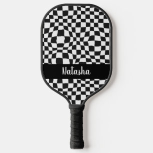 Personalized Black and White Warped Chequered Pickleball Paddle