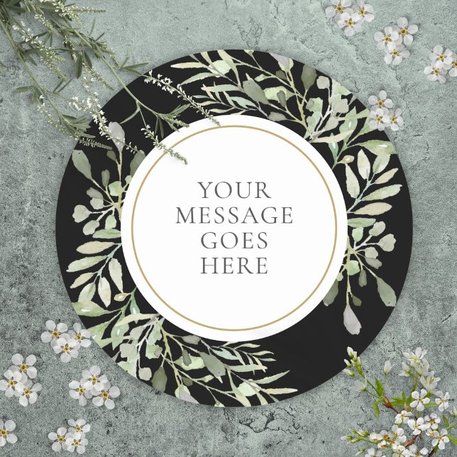 Personalized Black and White Watercolor Greenery Classic Round Sticker (Personalized Black and White Watercolor Greenery Classic Round Sticker)